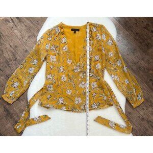 Banana Republic Sz PS SP Yellow Floral Print Chiffon Belted Wrap Top Blouse Dot